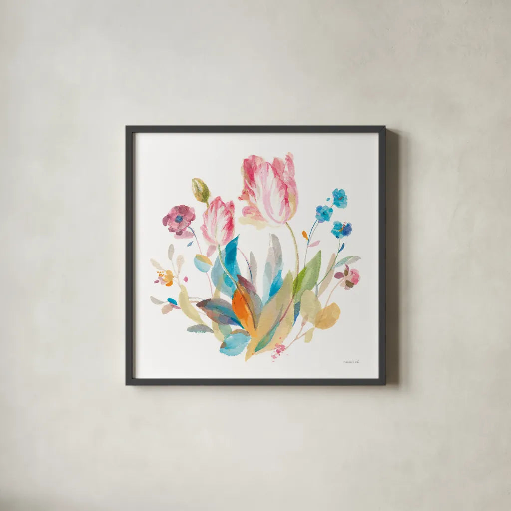 Spring Tulips II by Danhui Nai. Shown in a sleek black glass frame for a contemporary gallery look. Available as an archival giclee rolled canvas, fine art paper, or poster print. SKU 71663a.
