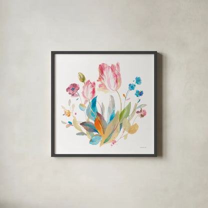 Spring Tulips II by Danhui Nai. Shown in a sleek black glass frame for a contemporary gallery look. Available as an archival giclee rolled canvas, fine art paper, or poster print. SKU 71663a.
