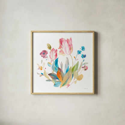 Spring Tulips II by Danhui Nai. Shown in a natural wood glass frame for a timeless modern aesthetic. Available as an archival giclee rolled canvas, fine art paper, or poster print. SKU 71663a.