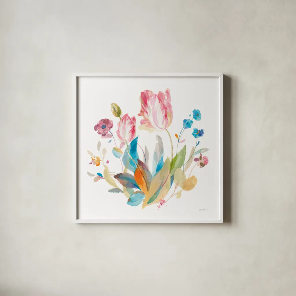 Spring Tulips II by Danhui Nai. Shown in a crisp white glass frame for a clean and minimalist style. Available as an archival giclee rolled canvas, fine art paper, or poster print. SKU 71663a.