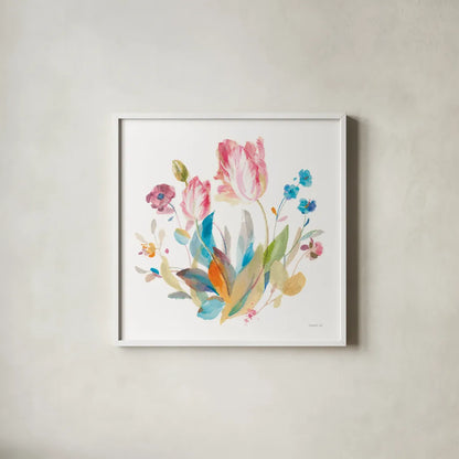 Spring Tulips II by Danhui Nai. Shown in a crisp white glass frame for a clean and minimalist style. Available as an archival giclee rolled canvas, fine art paper, or poster print. SKU 71663a.