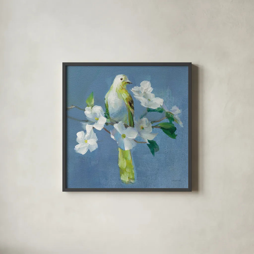 Spring in the Neighborhood II by Danhui Nai. Shown in a sleek black glass frame for a contemporary gallery look. Available as an archival giclee rolled canvas, fine art paper, or poster print. SKU 54802a.