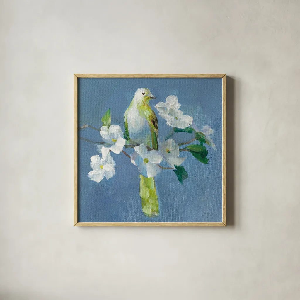 Spring in the Neighborhood II by Danhui Nai. Shown in a natural wood glass frame for a timeless modern aesthetic. Available as an archival giclee rolled canvas, fine art paper, or poster print. SKU 54802a.