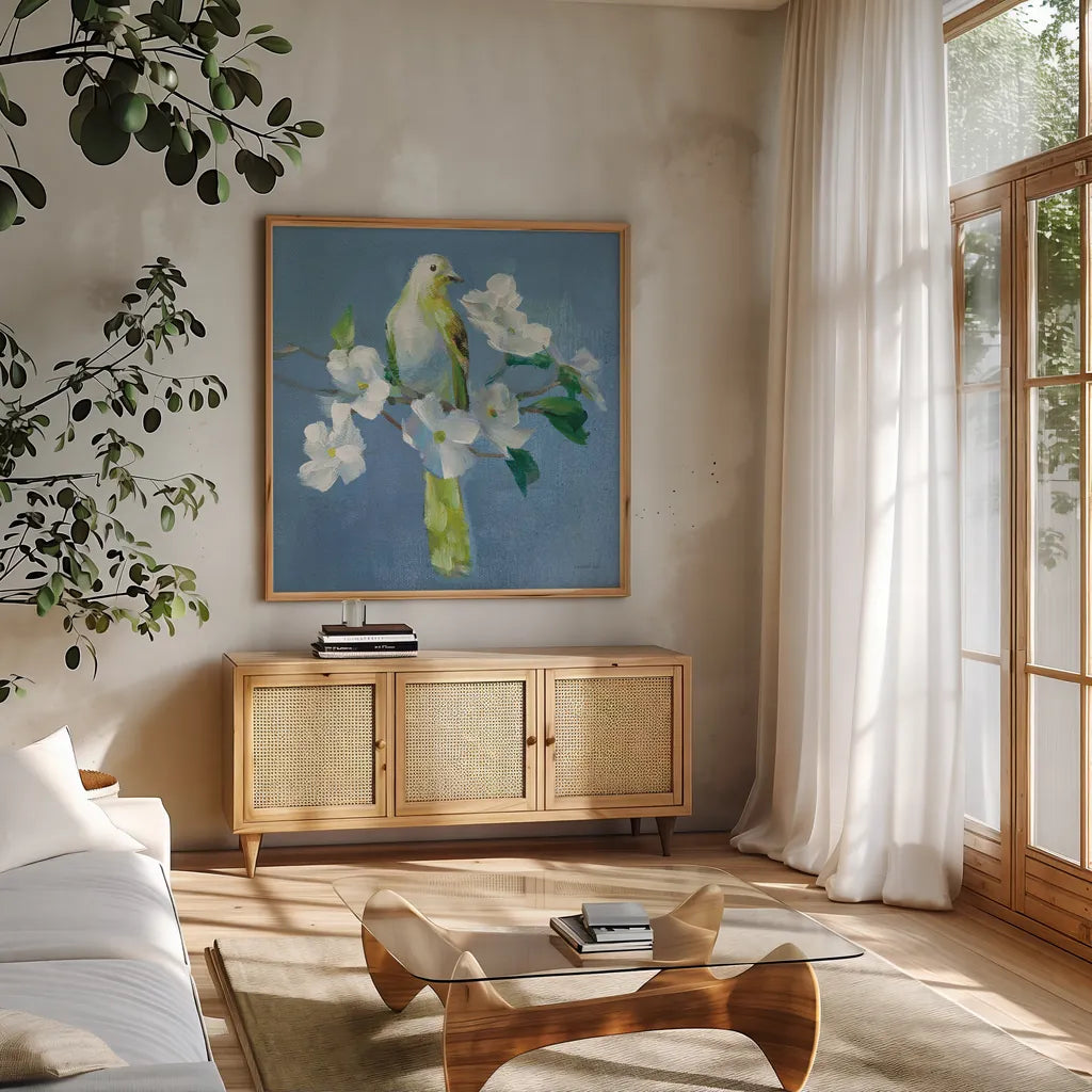 Spring in the Neighborhood II by Danhui Nai. Shown in a natural wood frame in a cozy modern living room. Available as an archival giclee rolled canvas, fine art paper, or poster print. SKU 54802a.