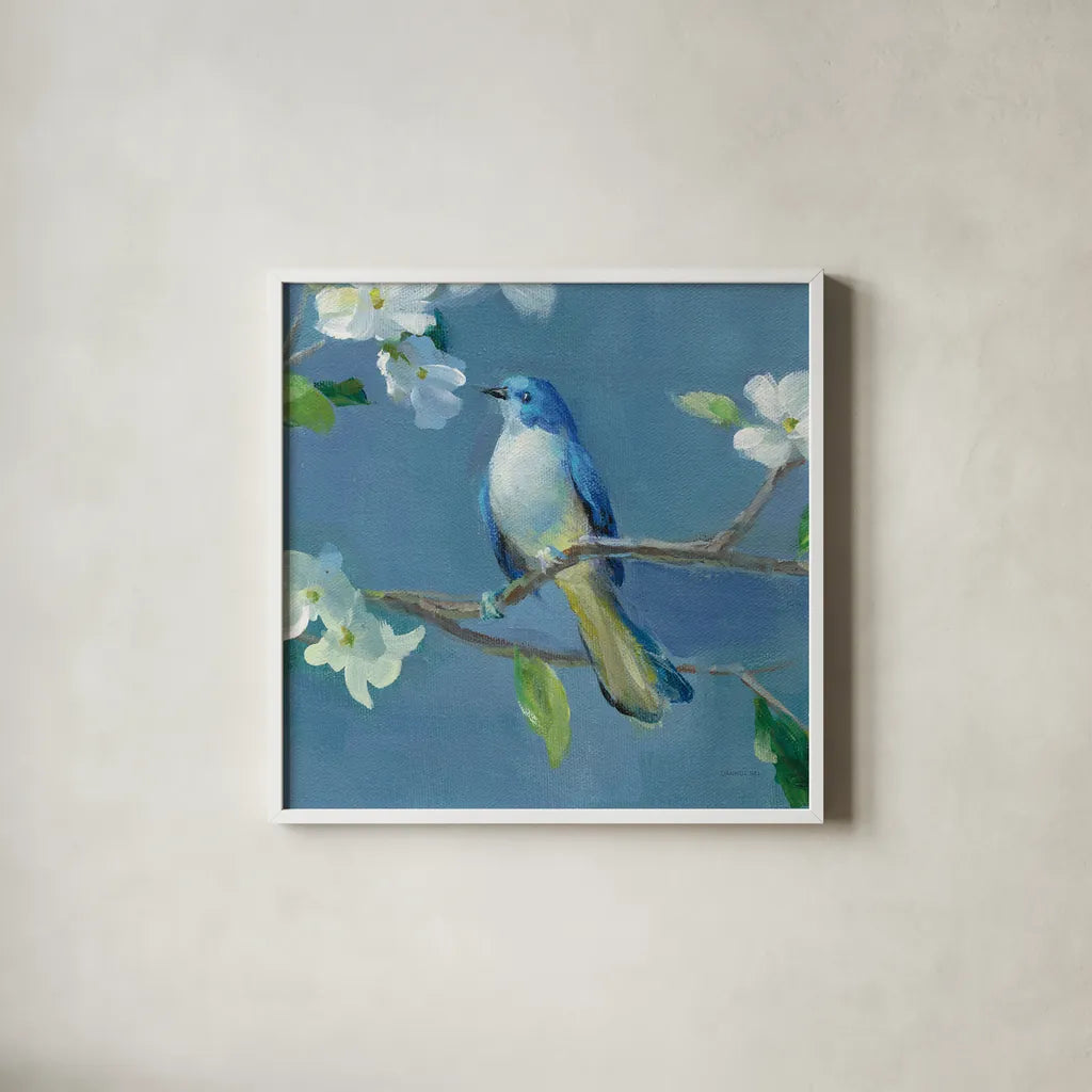 Spring in the Neighborhood III by Danhui Nai. Shown in a crisp white glass frame for a clean and minimalist style. Available as an archival giclee rolled canvas, fine art paper, or poster print. SKU 54803a.