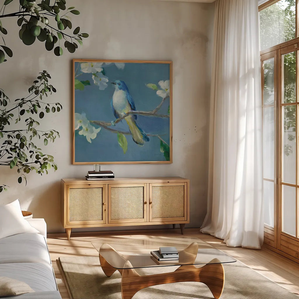 Spring in the Neighborhood III by Danhui Nai. Shown in a natural wood frame in a cozy modern living room. Available as an archival giclee rolled canvas, fine art paper, or poster print. SKU 54803a.
