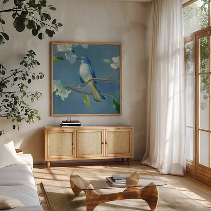Spring in the Neighborhood III by Danhui Nai. Shown in a natural wood frame in a cozy modern living room. Available as an archival giclee rolled canvas, fine art paper, or poster print. SKU 54803a.