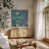 Spring in the Neighborhood IV by Danhui Nai. Shown in a natural wood frame in a cozy modern living room. Available as an archival giclee rolled canvas, fine art paper, or poster print. SKU 54804a.