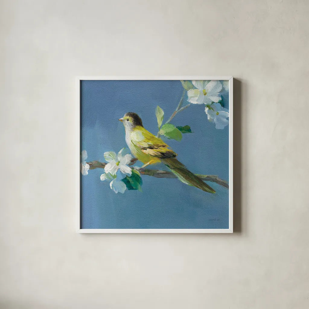 Spring in the Neighborhood V by Danhui Nai. Shown in a crisp white glass frame for a clean and minimalist style. Available as an archival giclee rolled canvas, fine art paper, or poster print. SKU 54805a.