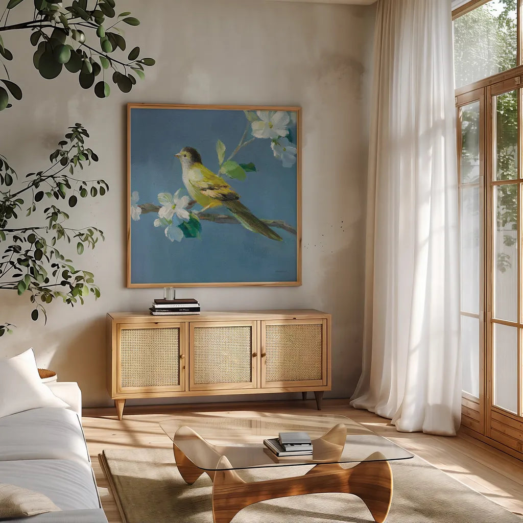 Spring in the Neighborhood V by Danhui Nai. Shown in a natural wood frame in a cozy modern living room. Available as an archival giclee rolled canvas, fine art paper, or poster print. SKU 54805a.