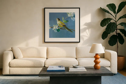 Spring in the Neighborhood V by Danhui Nai. Displayed in a glass frame with matte in a clean modern living room. Available as an archival giclee rolled canvas, fine art paper, or poster print. SKU 54805a.
