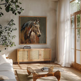 Stable at Dusk by Danhui Nai. Shown in a natural wood frame in a cozy modern living room. Available as an archival giclee rolled canvas, fine art paper, or poster print. SKU 98041a.