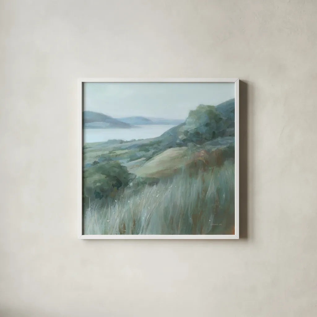 Stillness Hill by Danhui Nai. Shown in a crisp white glass frame for a clean and minimalist style. Available as an archival giclee rolled canvas, fine art paper, or poster print. SKU 81742a.