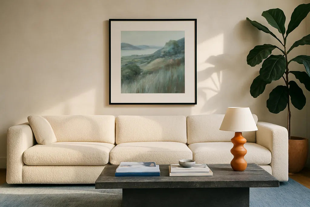Stillness Hill by Danhui Nai. Displayed in a glass frame with matte in a clean modern living room. Available as an archival giclee rolled canvas, fine art paper, or poster print. SKU 81742a.