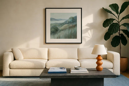 Stillness Hill by Danhui Nai. Displayed in a glass frame with matte in a clean modern living room. Available as an archival giclee rolled canvas, fine art paper, or poster print. SKU 81742a.