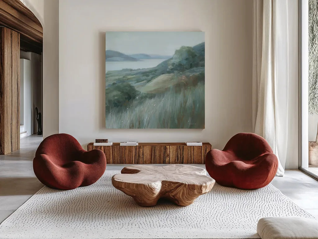 Stillness Hill by Danhui Nai. Shown as extra-large giant wall art in a modern living room. Available as an archival giclee rolled canvas, fine art paper, or poster print. SKU 81742a.