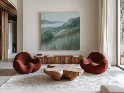 Stillness Hill by Danhui Nai. Shown as extra-large giant wall art in a modern living room. Available as an archival giclee rolled canvas, fine art paper, or poster print. SKU 81742a.