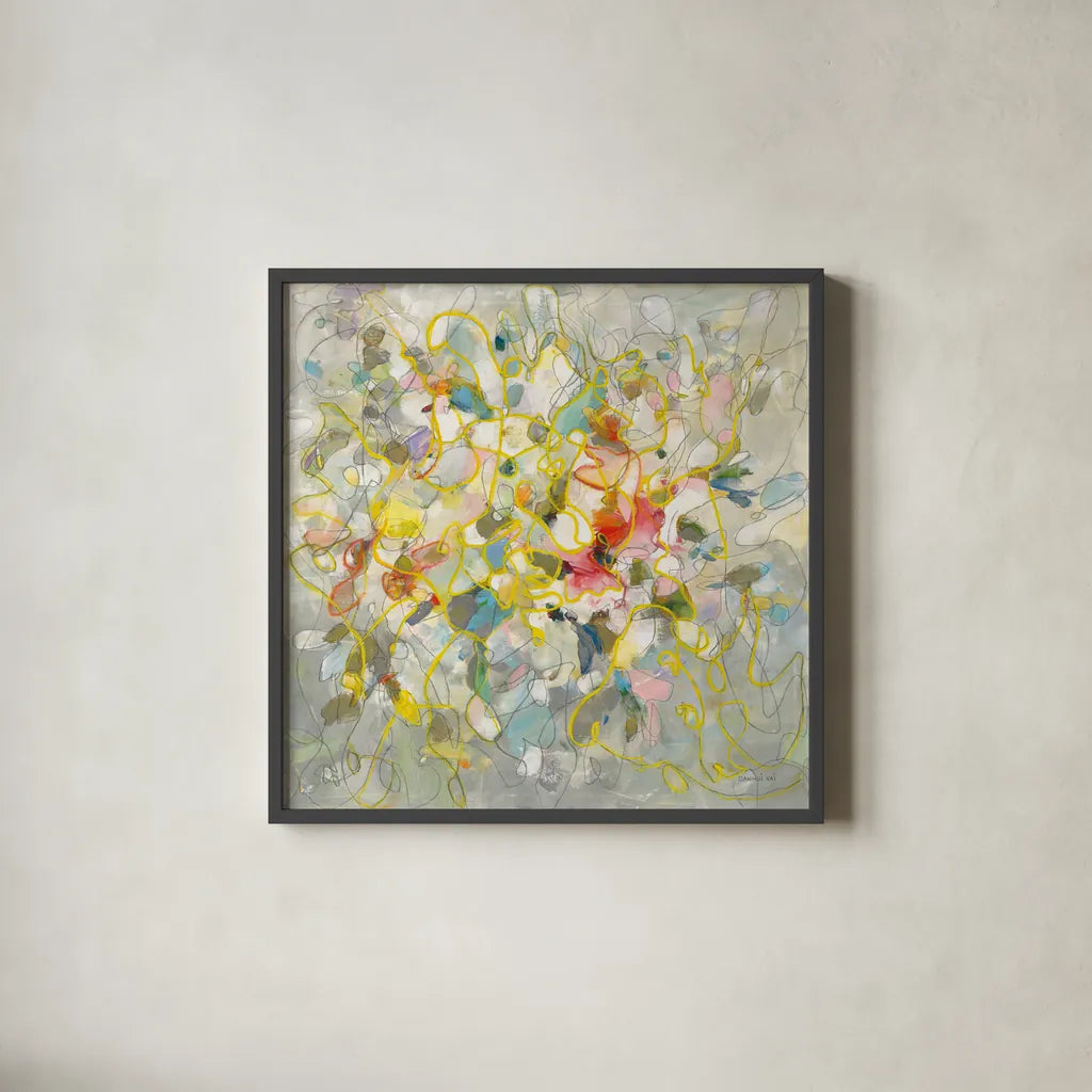 Strings of Light I by Danhui Nai. Shown in a sleek black glass frame for a contemporary gallery look. Available as an archival giclee rolled canvas, fine art paper, or poster print. SKU 69229a.