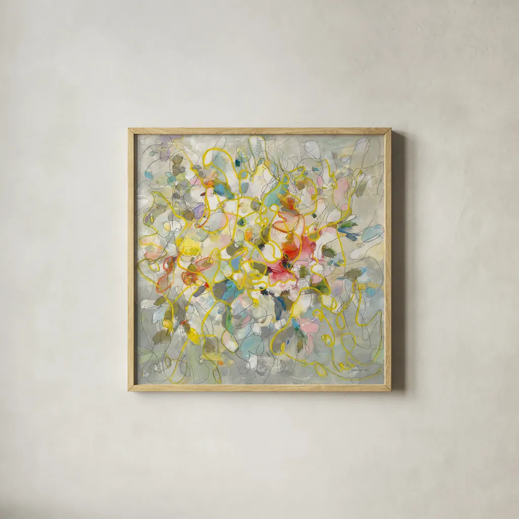 Strings of Light I by Danhui Nai. Shown in a natural wood glass frame for a timeless modern aesthetic. Available as an archival giclee rolled canvas, fine art paper, or poster print. SKU 69229a.
