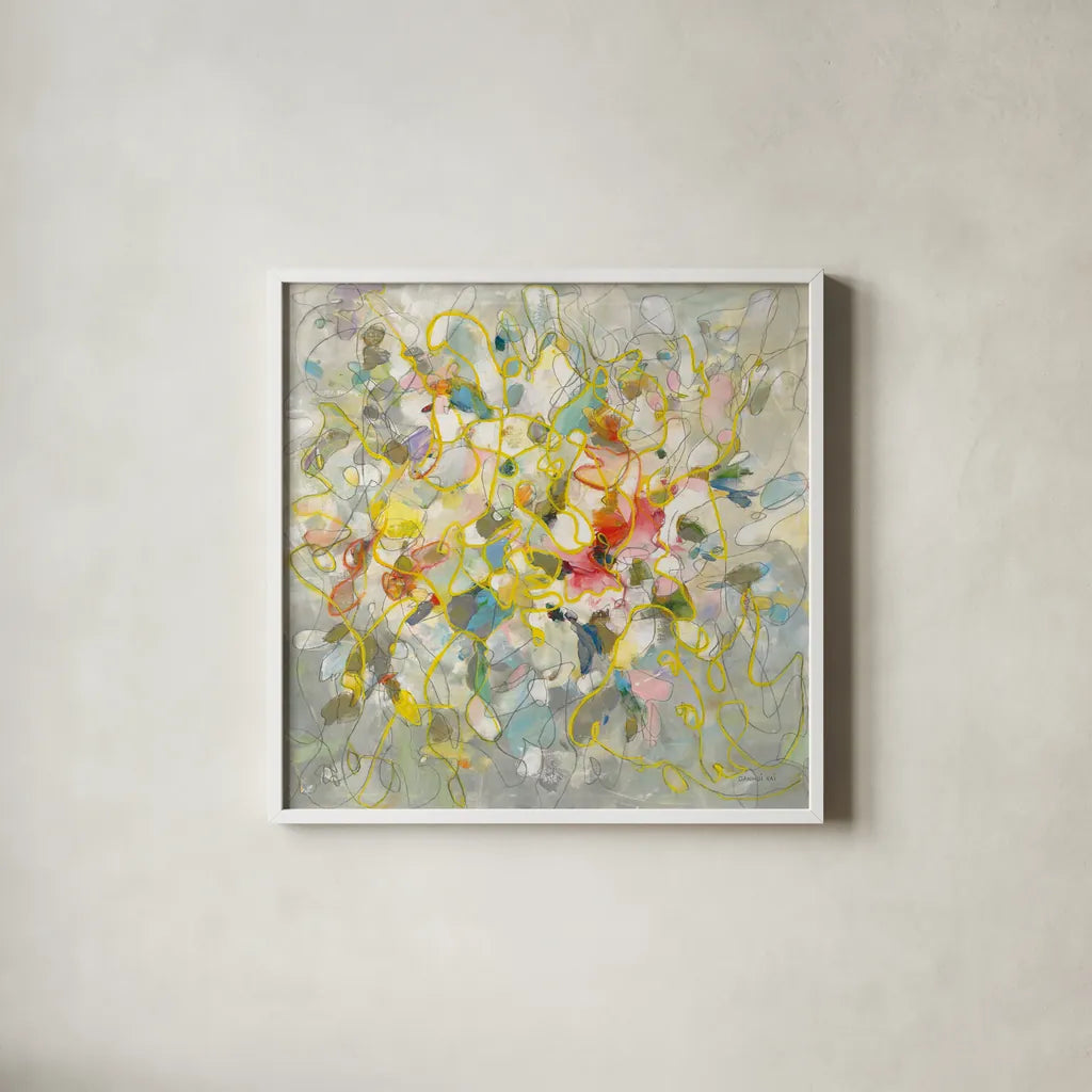Strings of Light I by Danhui Nai. Shown in a crisp white glass frame for a clean and minimalist style. Available as an archival giclee rolled canvas, fine art paper, or poster print. SKU 69229a.