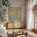Strings of Light I by Danhui Nai. Shown in a natural wood frame in a cozy modern living room. Available as an archival giclee rolled canvas, fine art paper, or poster print. SKU 69229a.