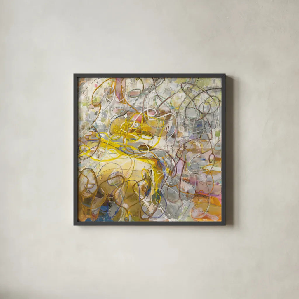 Strings of Light II by Danhui Nai. Shown in a sleek black glass frame for a contemporary gallery look. Available as an archival giclee rolled canvas, fine art paper, or poster print. SKU 69230a.