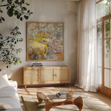 Strings of Light II by Danhui Nai. Shown in a natural wood frame in a cozy modern living room. Available as an archival giclee rolled canvas, fine art paper, or poster print. SKU 69230a.