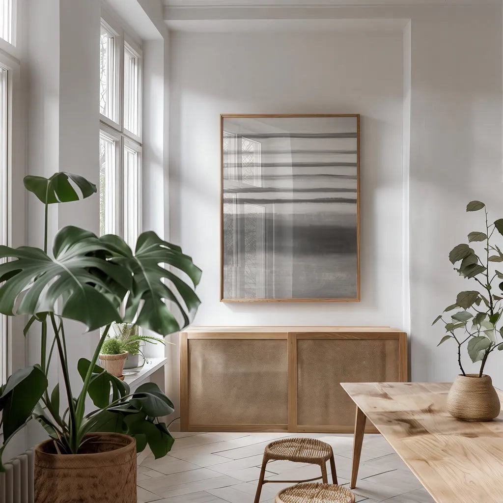 Study in Gray II by Danhui Nai. shown as a print in a natural wood frame in a dining room. Available as a archival giclee rolled canvas, fine art paper, or poster print. SKU 77154h.