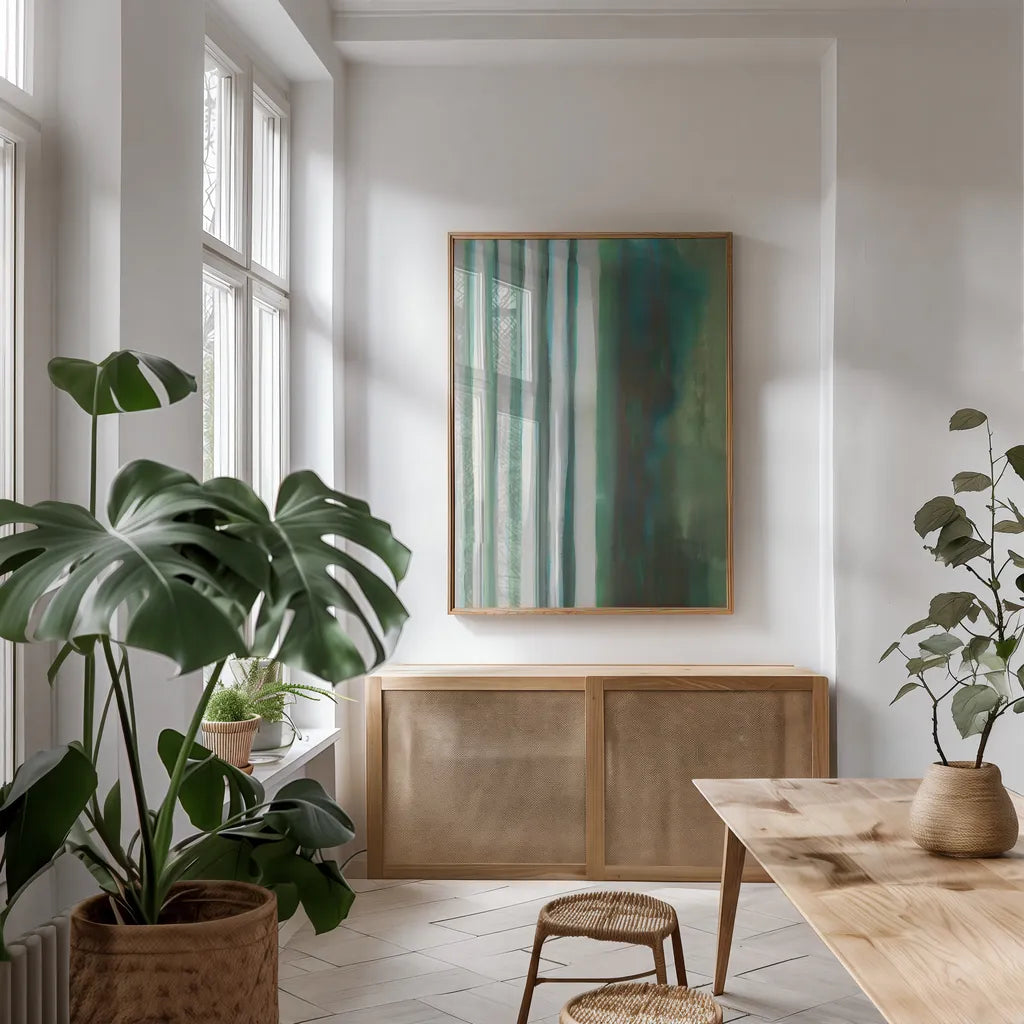 Study in Green I by Danhui Nai. shown as a print in a natural wood frame in a dining room. Available as a archival giclee rolled canvas, fine art paper, or poster print. SKU 76107h.