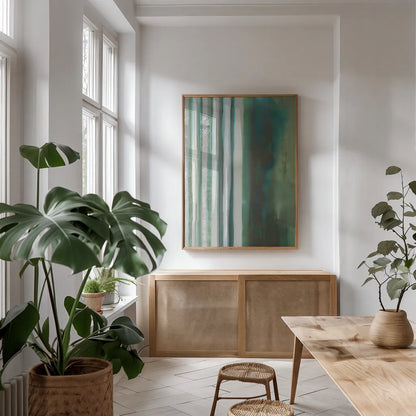 Study in Green I by Danhui Nai. shown as a print in a natural wood frame in a dining room. Available as a archival giclee rolled canvas, fine art paper, or poster print. SKU 76107h.
