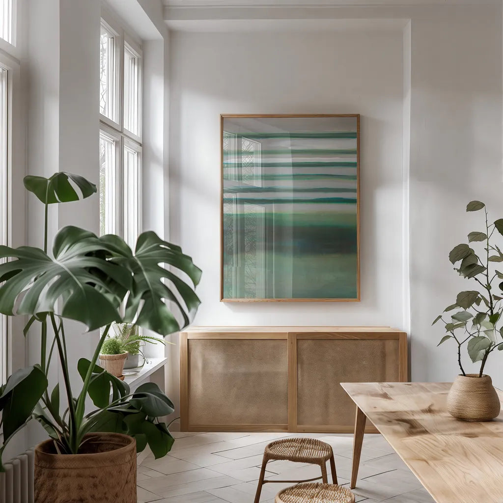 Study in Green II by Danhui Nai. shown as a print in a natural wood frame in a dining room. Available as a archival giclee rolled canvas, fine art paper, or poster print. SKU 76108h.