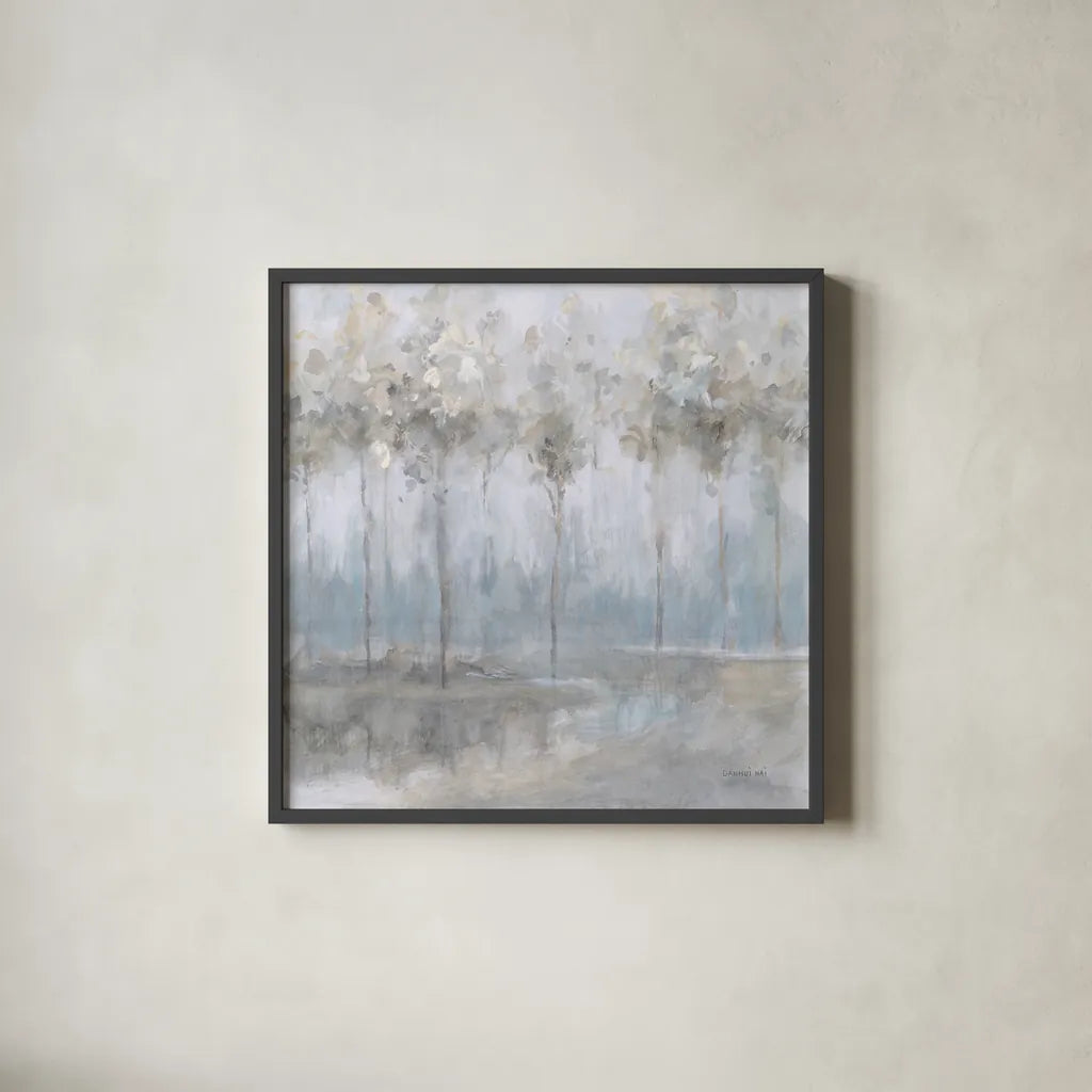 Subtle Woodland by Danhui Nai. Shown in a sleek black glass frame for a contemporary gallery look. Available as an archival giclee rolled canvas, fine art paper, or poster print. SKU 83492a.