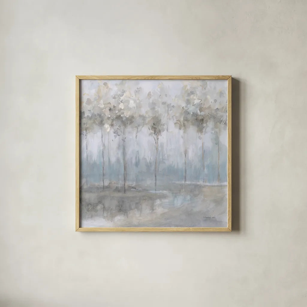 Subtle Woodland by Danhui Nai. Shown in a natural wood glass frame for a timeless modern aesthetic. Available as an archival giclee rolled canvas, fine art paper, or poster print. SKU 83492a.