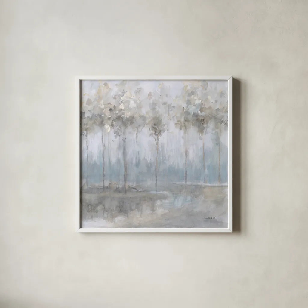 Subtle Woodland by Danhui Nai. Shown in a crisp white glass frame for a clean and minimalist style. Available as an archival giclee rolled canvas, fine art paper, or poster print. SKU 83492a.