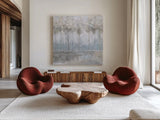 Subtle Woodland by Danhui Nai. Shown as extra-large giant wall art in a modern living room. Available as an archival giclee rolled canvas, fine art paper, or poster print. SKU 83492a.