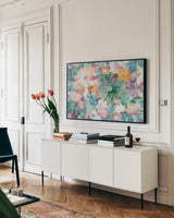 Succulent Florals Crop by Danhui Nai. shown as a framed stretched canvas in a living room above a console. Available as a archival giclee rolled canvas, fine art paper, or poster print. SKU 30242i.