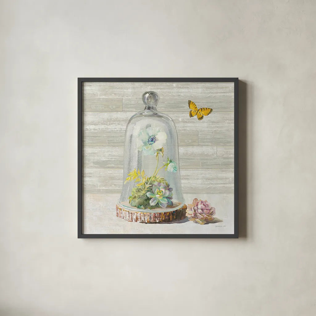 Succulent Garden II by Danhui Nai. Shown in a sleek black glass frame for a contemporary gallery look. Available as an archival giclee rolled canvas, fine art paper, or poster print. SKU 24519a.