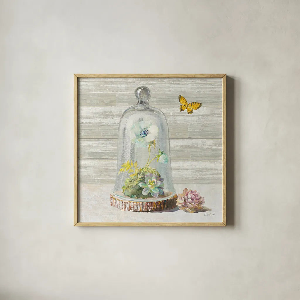 Succulent Garden II by Danhui Nai. Shown in a natural wood glass frame for a timeless modern aesthetic. Available as an archival giclee rolled canvas, fine art paper, or poster print. SKU 24519a.