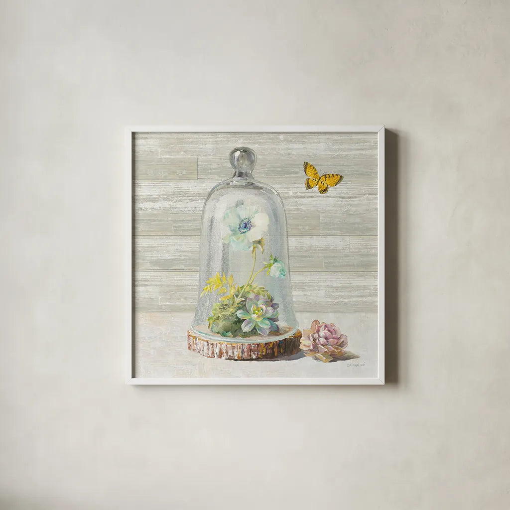 Succulent Garden II by Danhui Nai. Shown in a crisp white glass frame for a clean and minimalist style. Available as an archival giclee rolled canvas, fine art paper, or poster print. SKU 24519a.