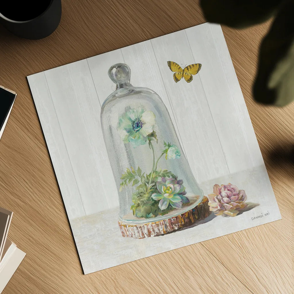 Succulent Garden II Sage by Danhui Nai. Shown as a detailed flat fine art print, highlighting archival giclee quality. Available as an archival giclee rolled canvas, fine art paper, or poster print. SKU 63068a.