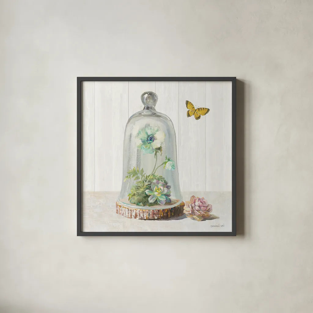 Succulent Garden II Sage by Danhui Nai. Shown in a sleek black glass frame for a contemporary gallery look. Available as an archival giclee rolled canvas, fine art paper, or poster print. SKU 63068a.