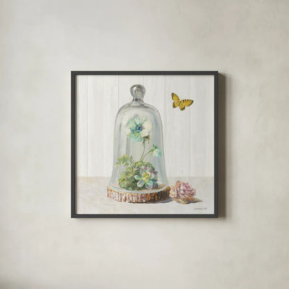 Succulent Garden II Sage by Danhui Nai. Shown in a sleek black glass frame for a contemporary gallery look. Available as an archival giclee rolled canvas, fine art paper, or poster print. SKU 63068a.