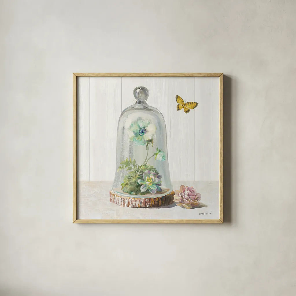 Succulent Garden II Sage by Danhui Nai. Shown in a natural wood glass frame for a timeless modern aesthetic. Available as an archival giclee rolled canvas, fine art paper, or poster print. SKU 63068a.