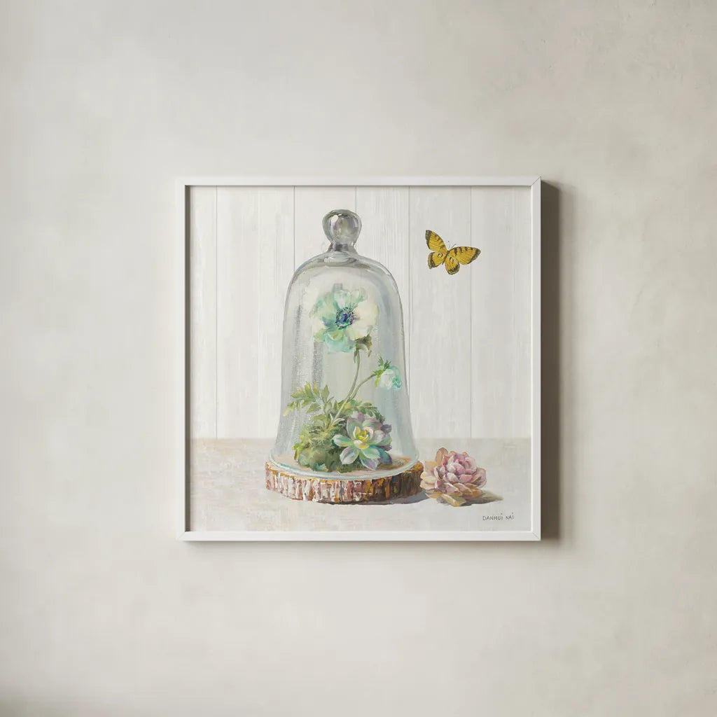 Succulent Garden II Sage by Danhui Nai. Shown in a crisp white glass frame for a clean and minimalist style. Available as an archival giclee rolled canvas, fine art paper, or poster print. SKU 63068a.