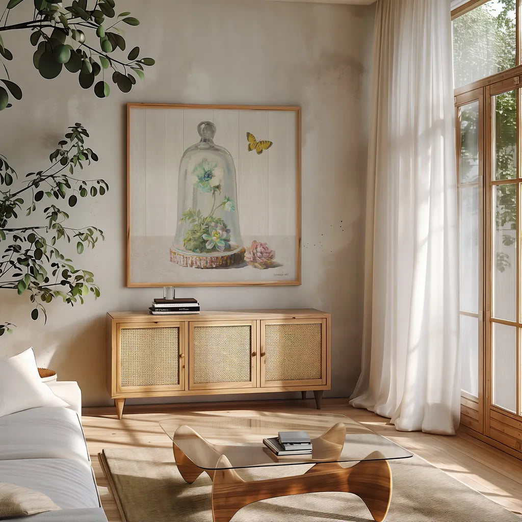 Succulent Garden II Sage by Danhui Nai. Shown in a natural wood frame in a cozy modern living room. Available as an archival giclee rolled canvas, fine art paper, or poster print. SKU 63068a.