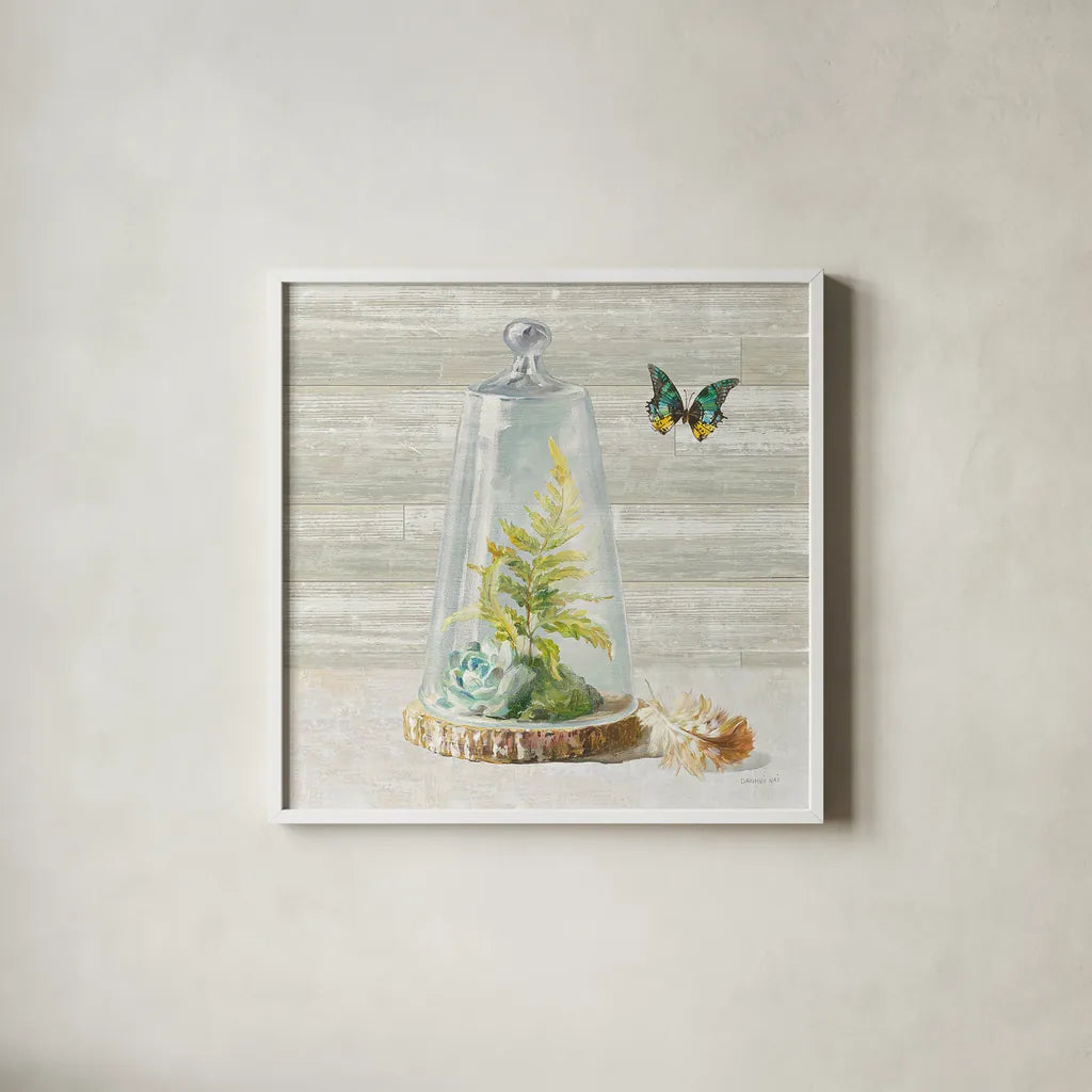 Succulent Garden IV by Danhui Nai. Shown in a crisp white glass frame for a clean and minimalist style. Available as an archival giclee rolled canvas, fine art paper, or poster print. SKU 24521a.