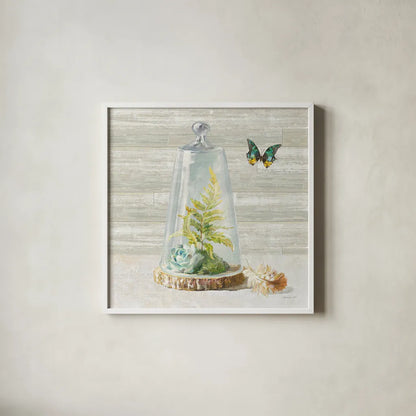 Succulent Garden IV by Danhui Nai. Shown in a crisp white glass frame for a clean and minimalist style. Available as an archival giclee rolled canvas, fine art paper, or poster print. SKU 24521a.