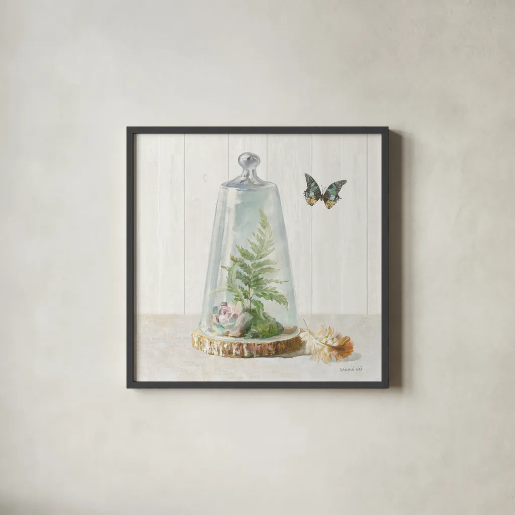 Succulent Garden IV Sage by Danhui Nai. Shown in a sleek black glass frame for a contemporary gallery look. Available as an archival giclee rolled canvas, fine art paper, or poster print. SKU 63069a.