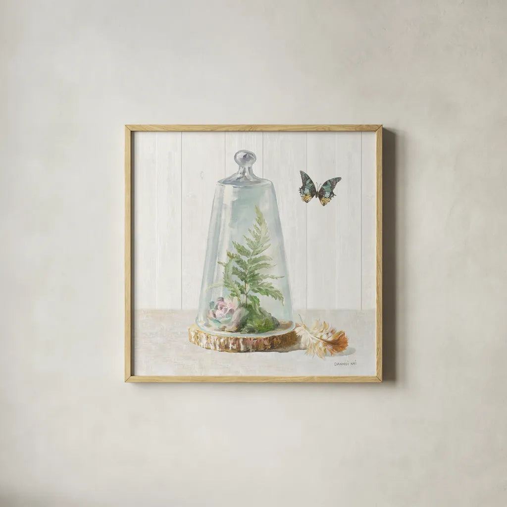 Succulent Garden IV Sage by Danhui Nai. Shown in a natural wood glass frame for a timeless modern aesthetic. Available as an archival giclee rolled canvas, fine art paper, or poster print. SKU 63069a.