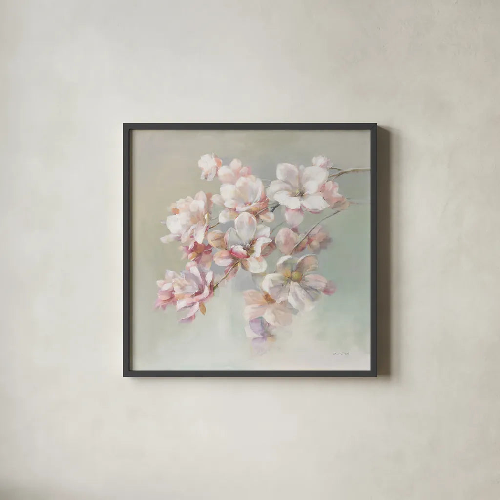 Sugar Magnolia by Danhui Nai. Shown in a sleek black glass frame for a contemporary gallery look. Available as an archival giclee rolled canvas, fine art paper, or poster print. SKU 70572a.